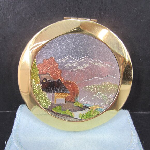 Vintage Women's Powder Compact with Powder Puff Gold Tone Cabin Waterwheel Scene - Picture 1 of 8